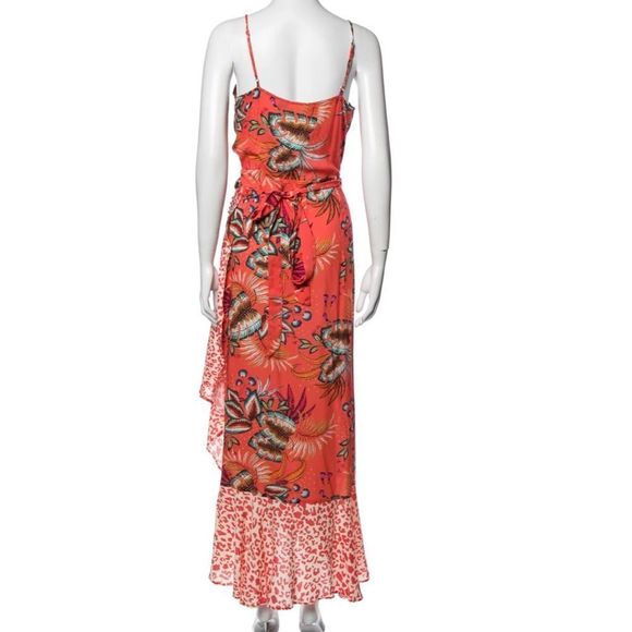 Farm Rio Coral Mixed Print Floral Ruffle Hem Wrap Maxi Dress. - Picture 3 of 5